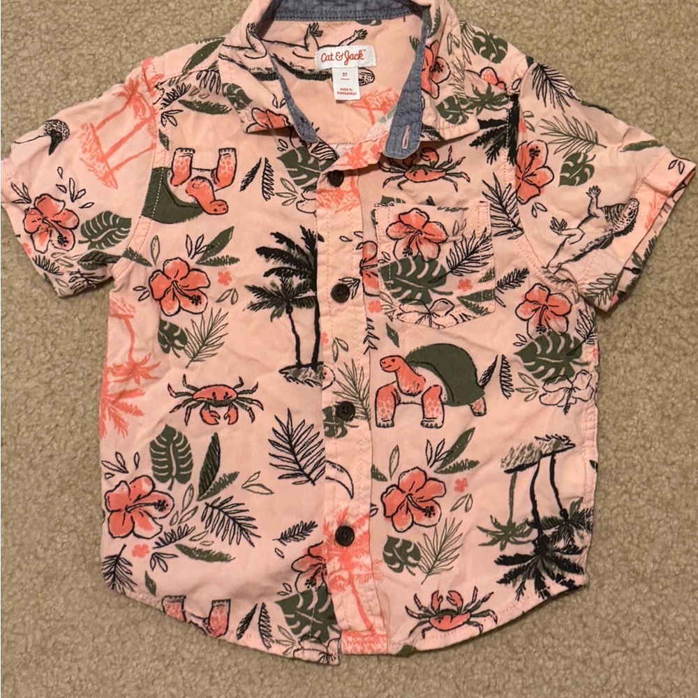 Cat & Jack Pink and Green Button Down Shirt Tropical Style